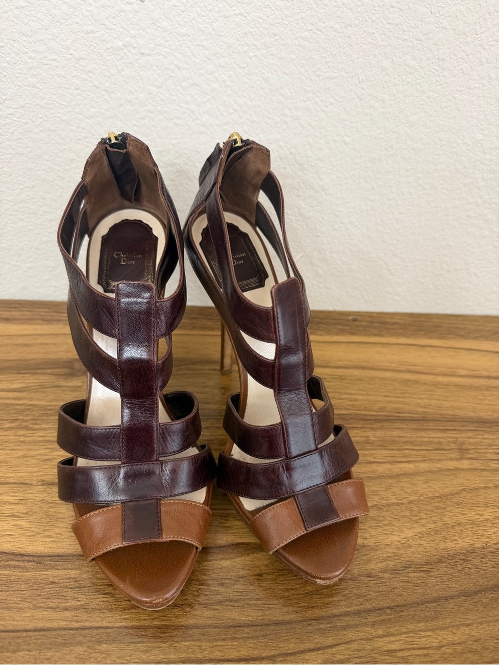 Dior Two-Tone Brown & Tan Leather Strappy High Heels